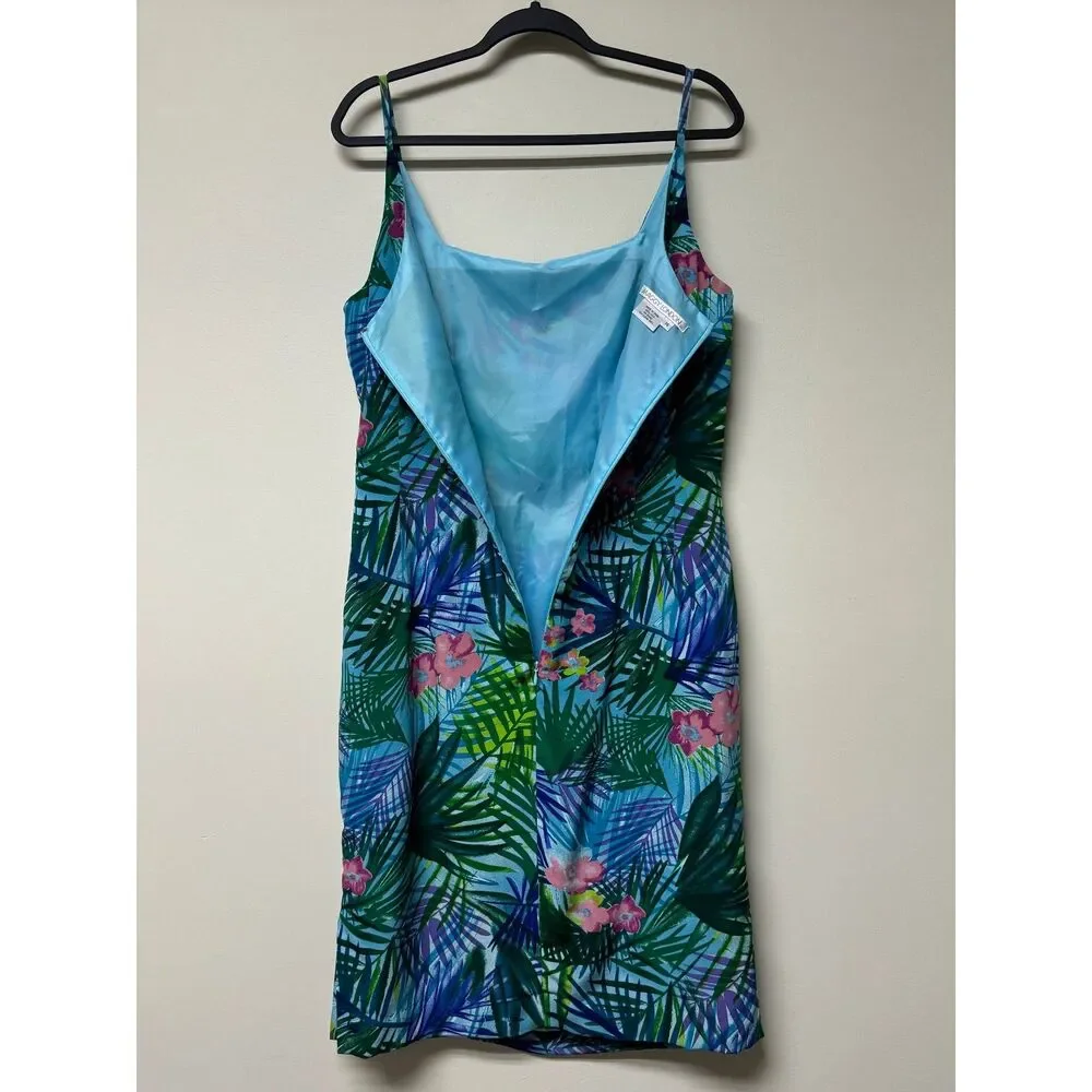 VINTAGE - MAGGY LONDON Two-Piece 100% Silk Tropical Print Midi Dress, Sz 14